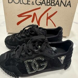 Dolce & Gabbana Black Lace Sneakers with Crystal Logo NS1